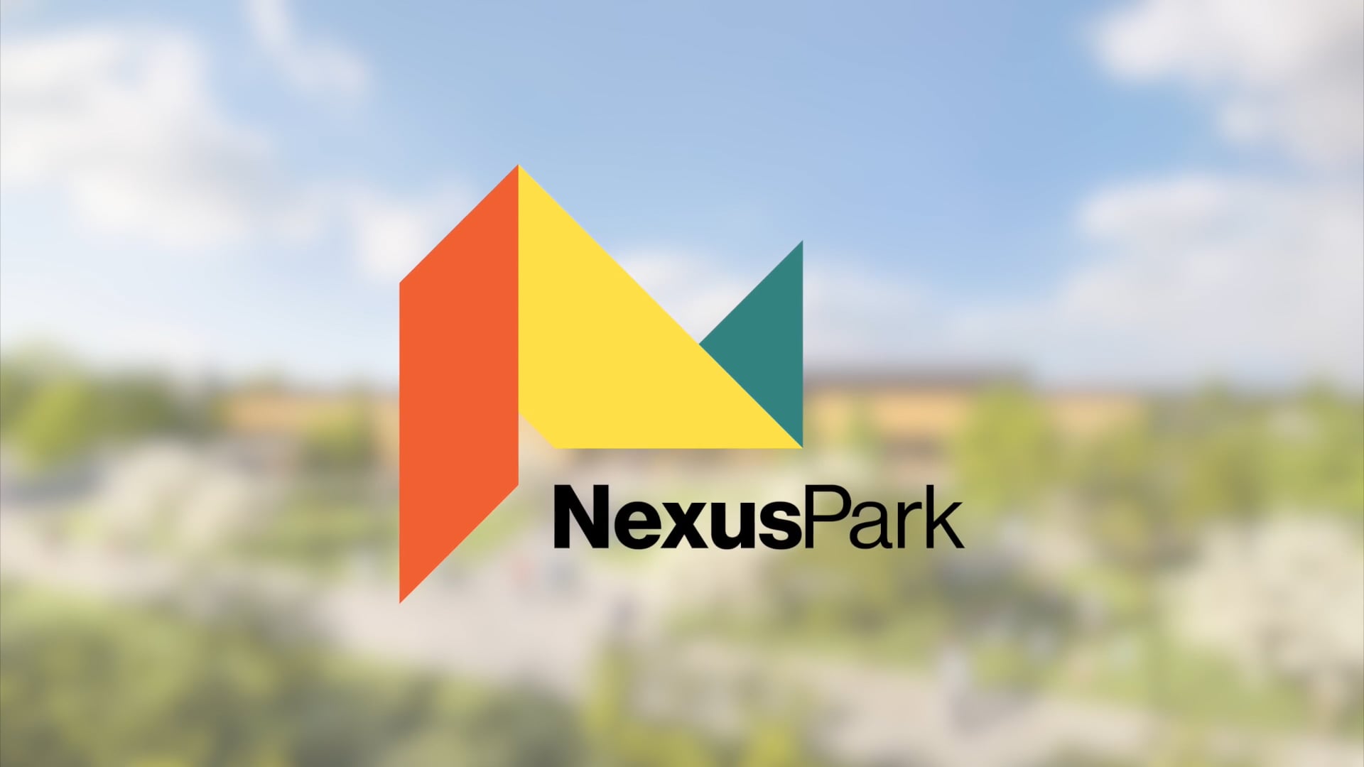 Nexus park logo overlayed on frosted Columbus, Indiana eagle view background